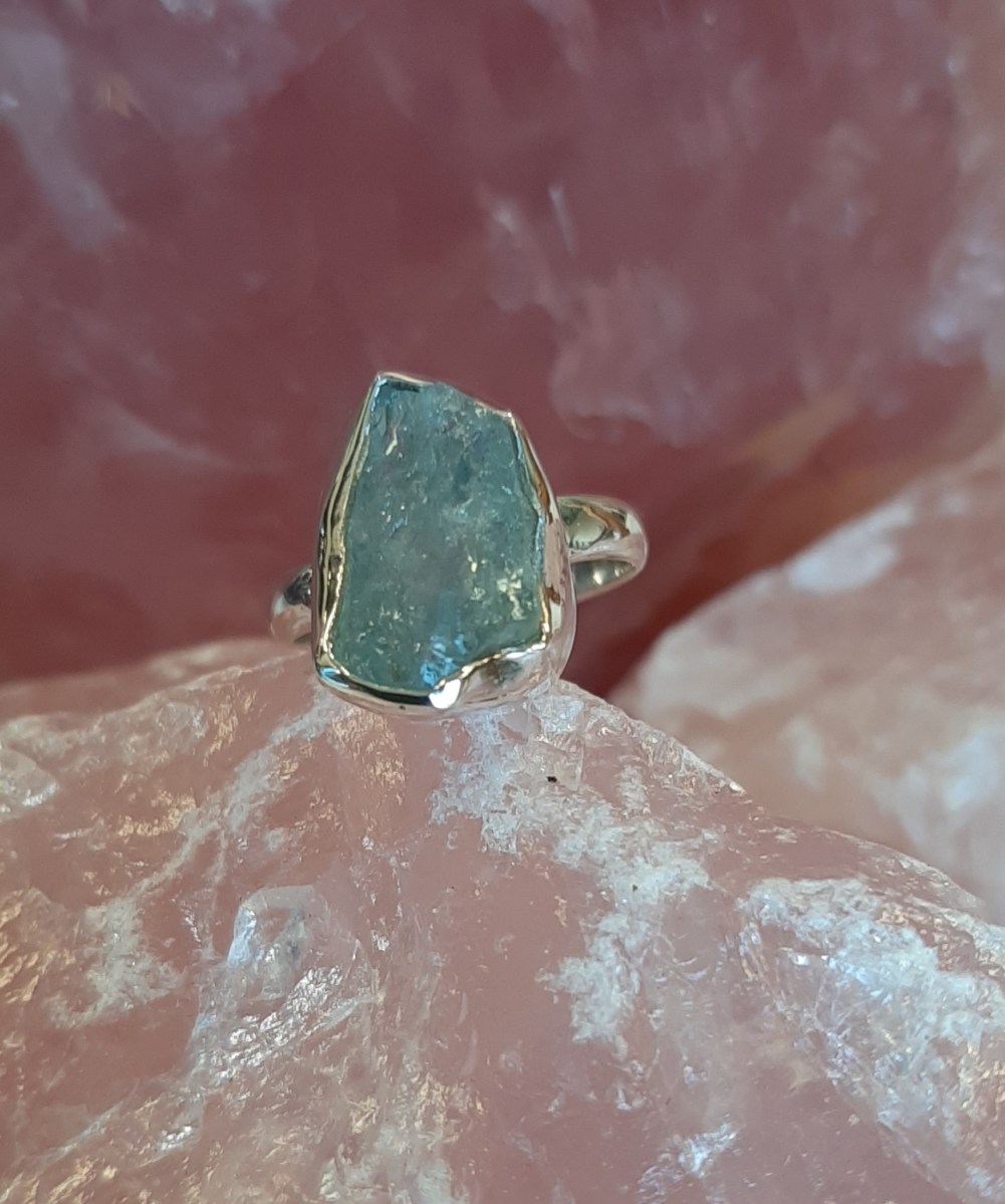 Aquamarine ring and rose quartz - Heart of the Bay - Byron Bay Crystals